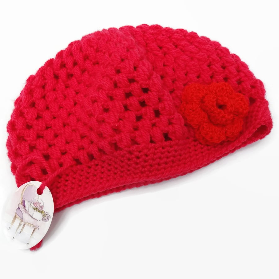 2 to 8 year Acrylic Coral Pink Hat With Red Flower
