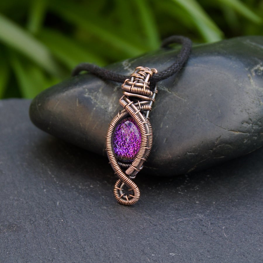 Copper Wire Wrapped Purple Dichroic Glass Pendant