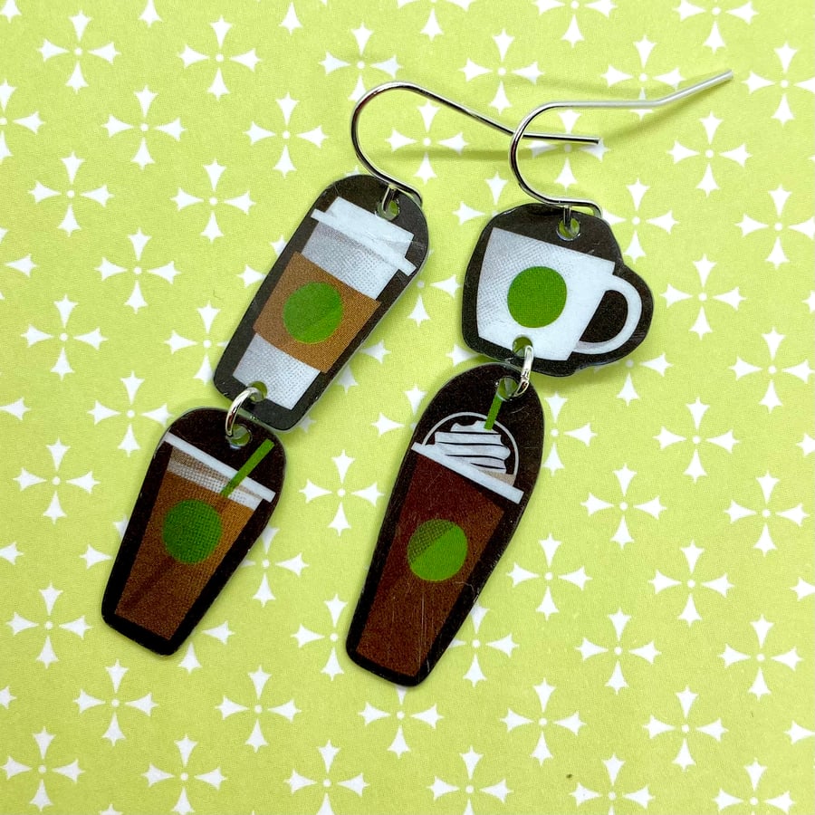 Recycled plastic brown, green & white coffee cup earrings