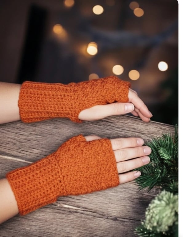 Handmade Crochet Fingerless Gloves Rust Wrist Warmers Fall Winter Accessory