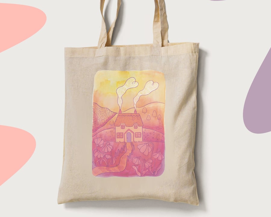 Cute flower house tote bag, Cottage core house Folksy