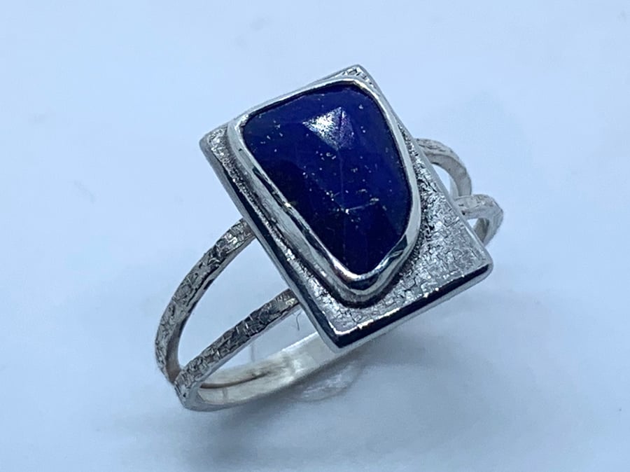Unique Lapis Lazuli and Silver ‘Picture’ Ring, Handmade, (U.K size Q to R)