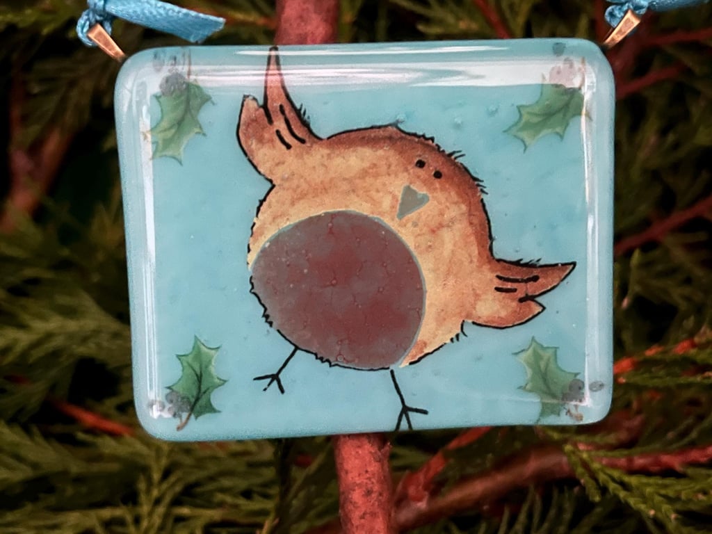 Bespoke Handcrafted Christmas Card with Artisan Fused Glass Cheeky Robin 
