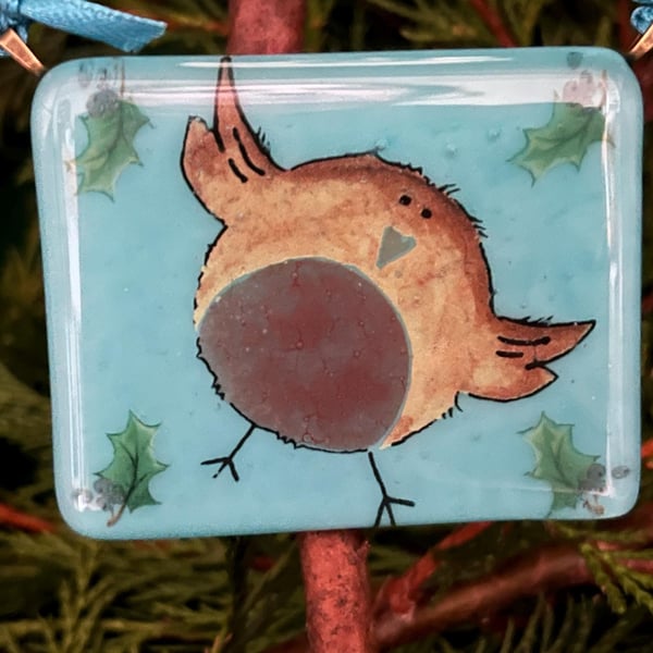 Bespoke Handcrafted Christmas Card with Artisan Fused Glass Cheeky Robin 