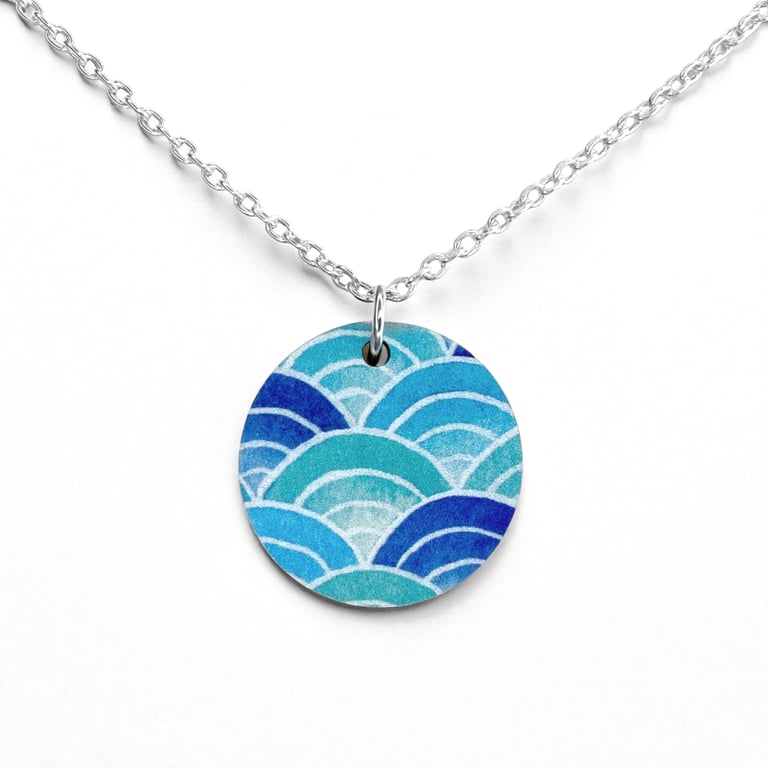 Wave Pattern Necklace. Wooden Pendant. Sterling Silver Seaside Jewellery.