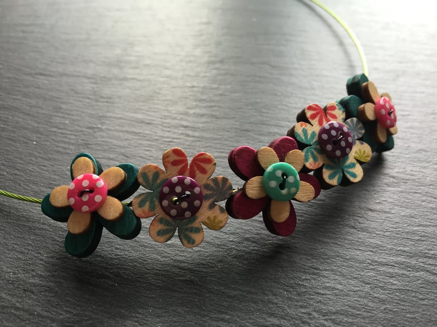 Button Necklace Wooden Flower Button Choker Lime Turquoise Pink