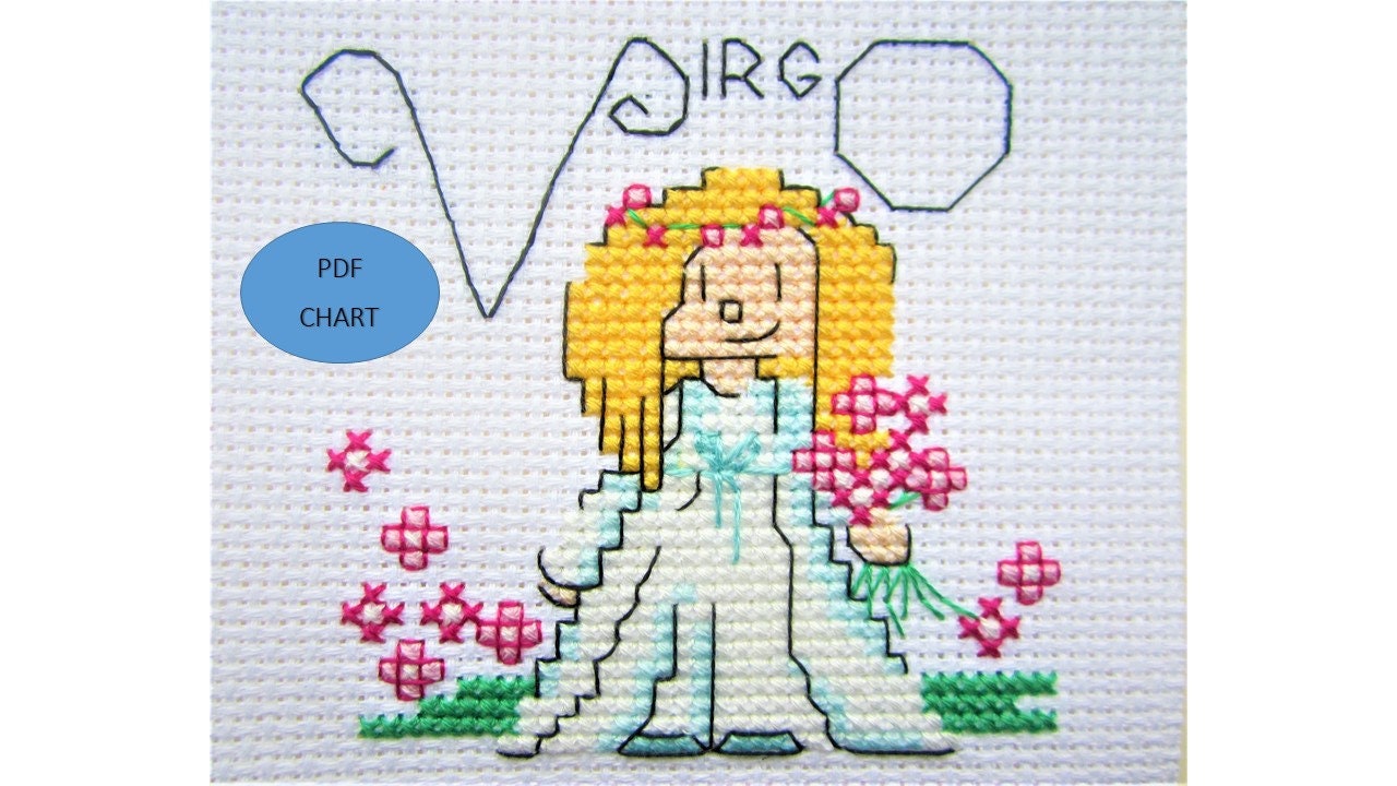 Virgo star sign zodiac theme small cross stitch PDF chart