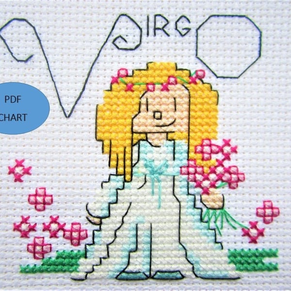 Virgo star sign zodiac theme small cross stitch PDF chart