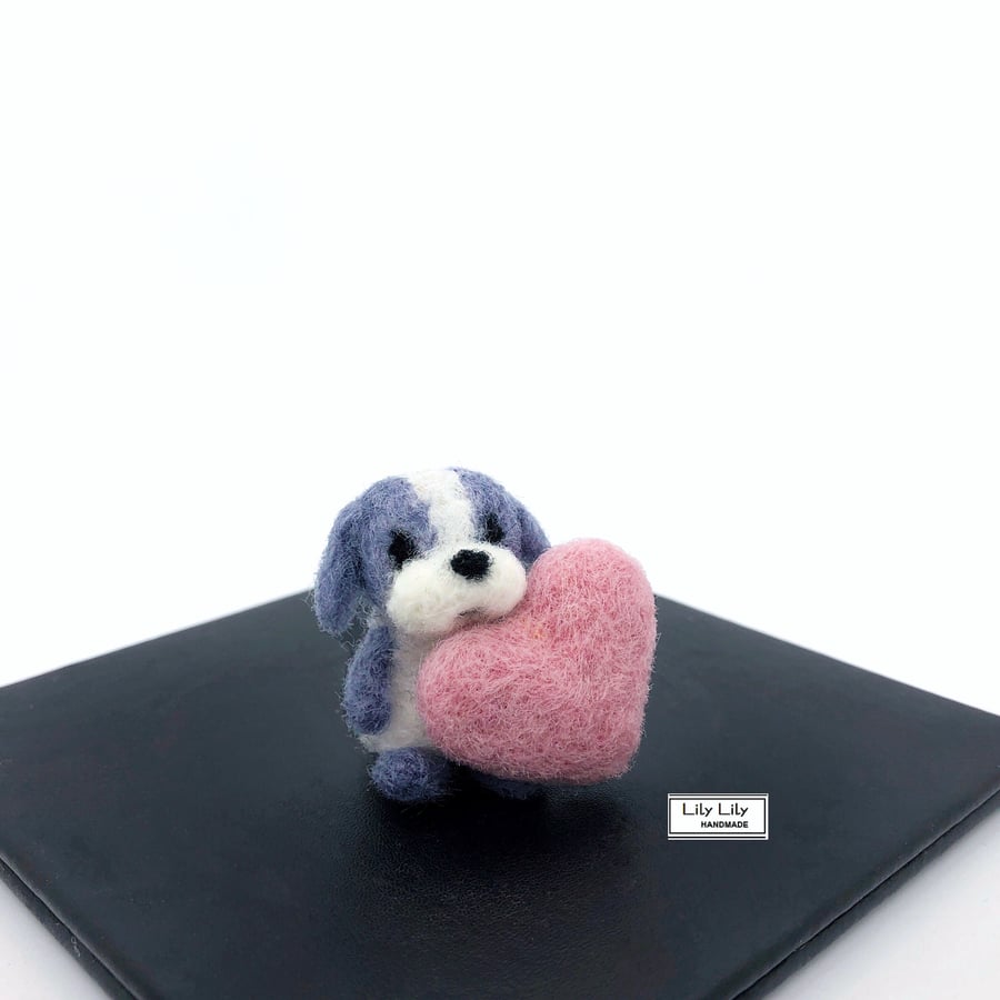 Miniature Puppy dog and a little pink heart, needle felted by Lily Lily Handmade