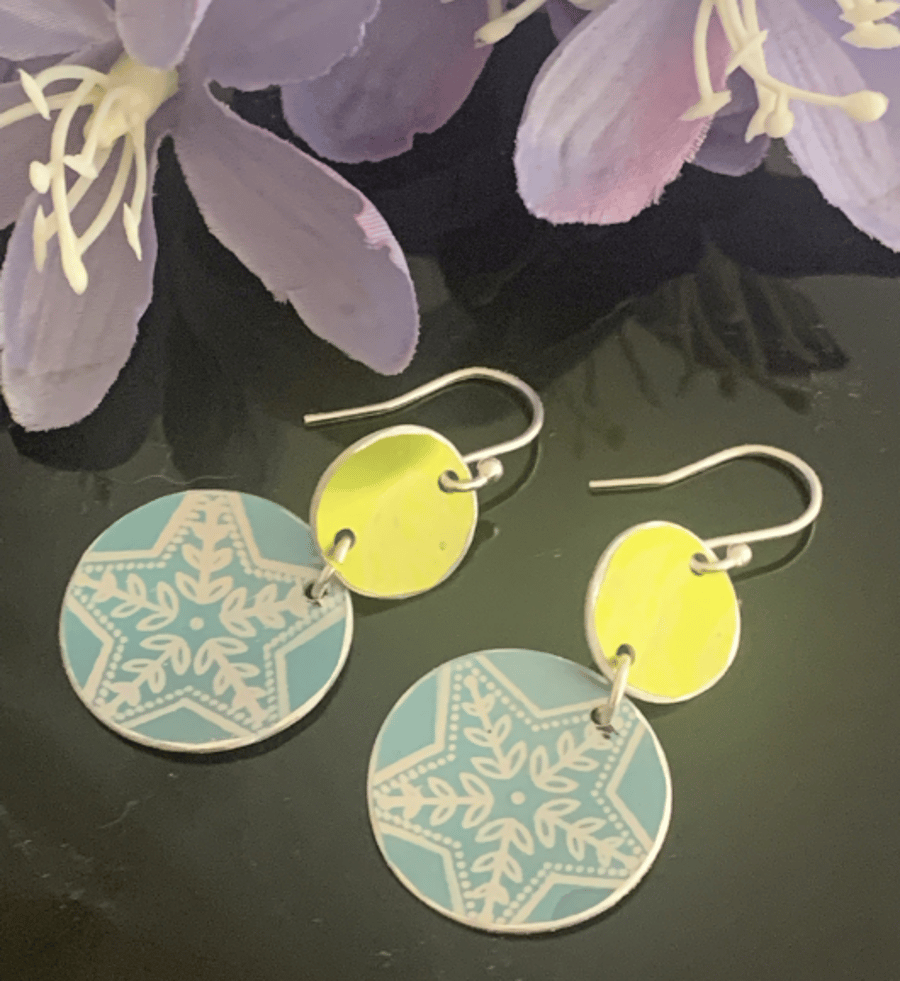Hand painted aluminium earrings lime and sky blue