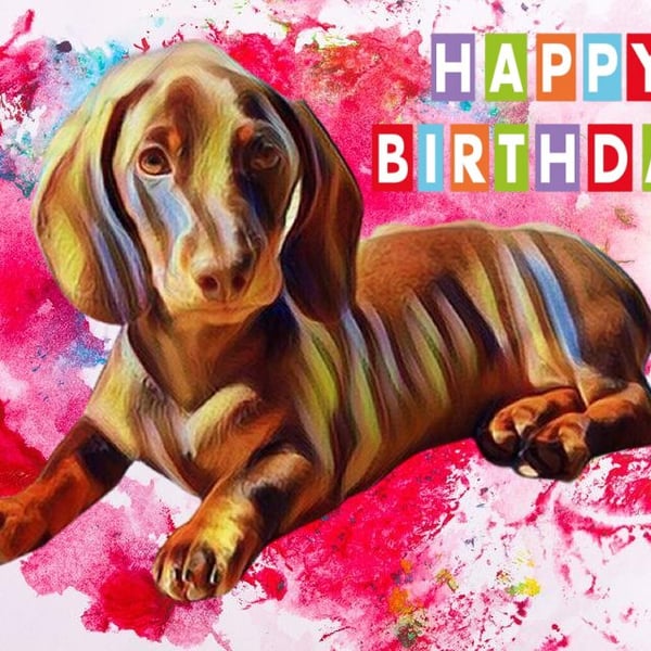 Bright Sausage Dog Happy Birthday Card A5
