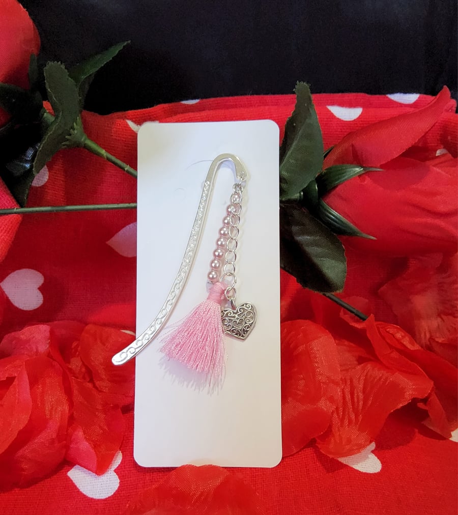 Beaded Silver Valentines Bookmark - Filagree Heart