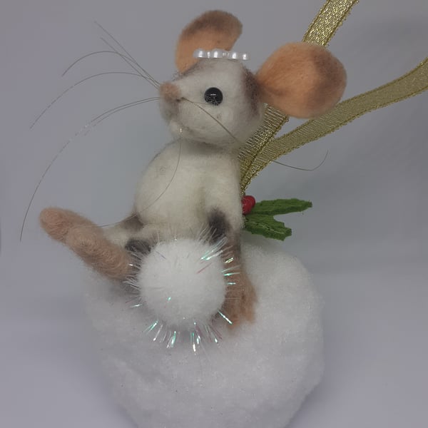 Hanging Needle felted mouse on snowball