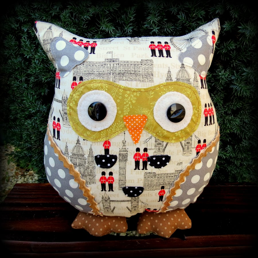 Bertie, a 24cm tall London themed owl cushion.  