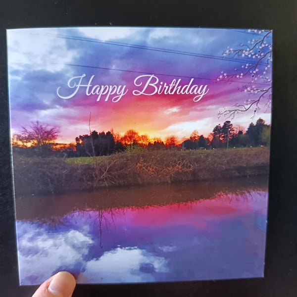 Square 148-148mm birthday card - Chester canal sunset photograph