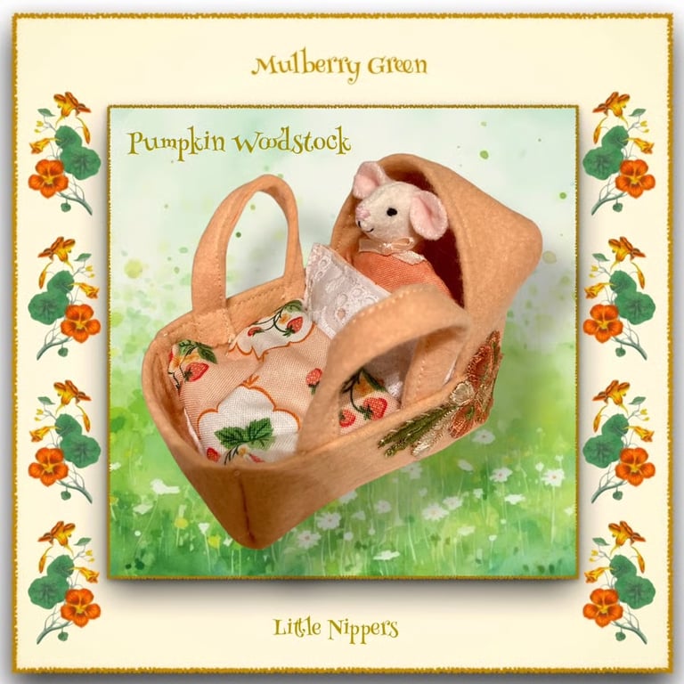 Pumpkin Woodstock- a Baby Pip Squeak in an Apricot Carry Cot