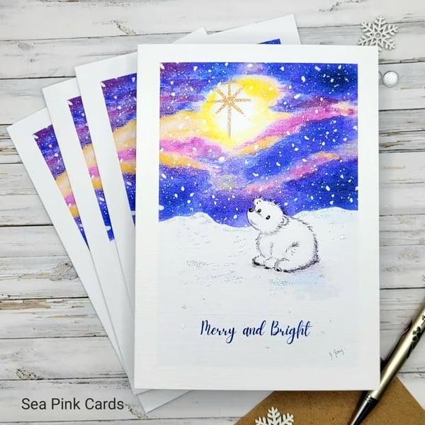 Christmas Cards - Set of 4 - Christmas Star, Polar Bear, Northern Lights
