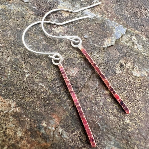 Copper Textured Square Bar Dangle Earrings