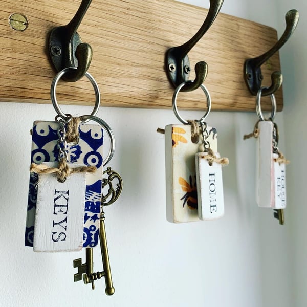 Personalised Wooden Key Fobs. Decoupaged in Emma Bridgewater Designs