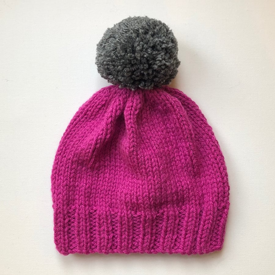 Bobble Hat in Pink Chunky Yarn with Grey Pom Pom