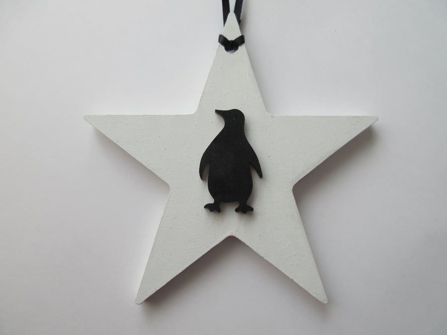 Penguin Star Christmas Tree Decoration Black White Monochrome