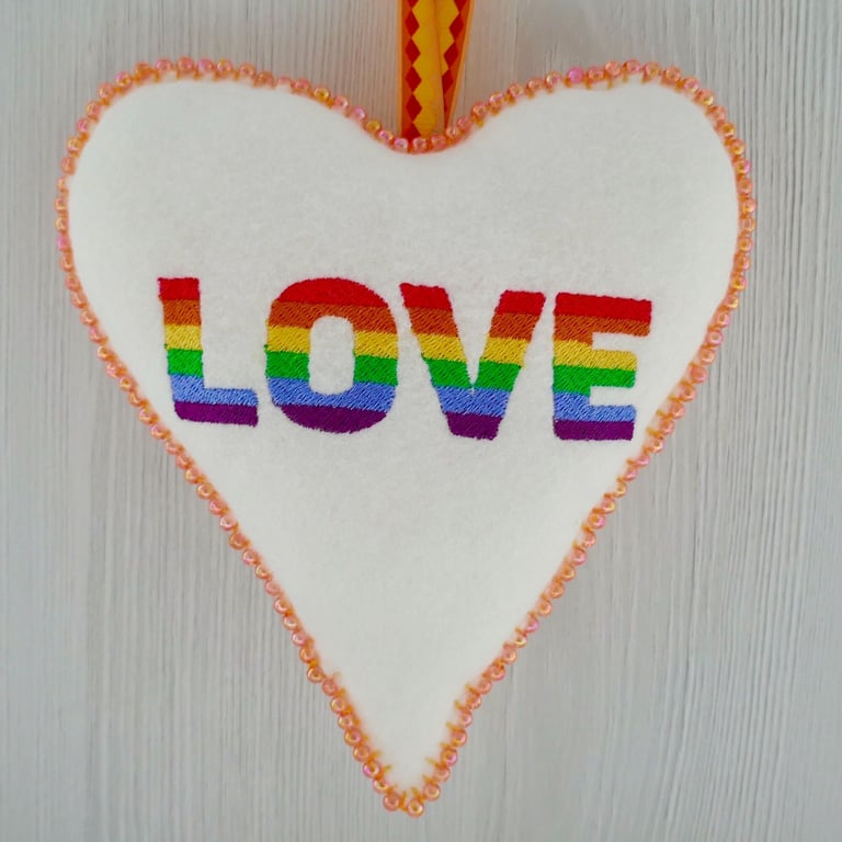 Rainbow Love Embroidered Beaded Felt Heart Decoration 16cm