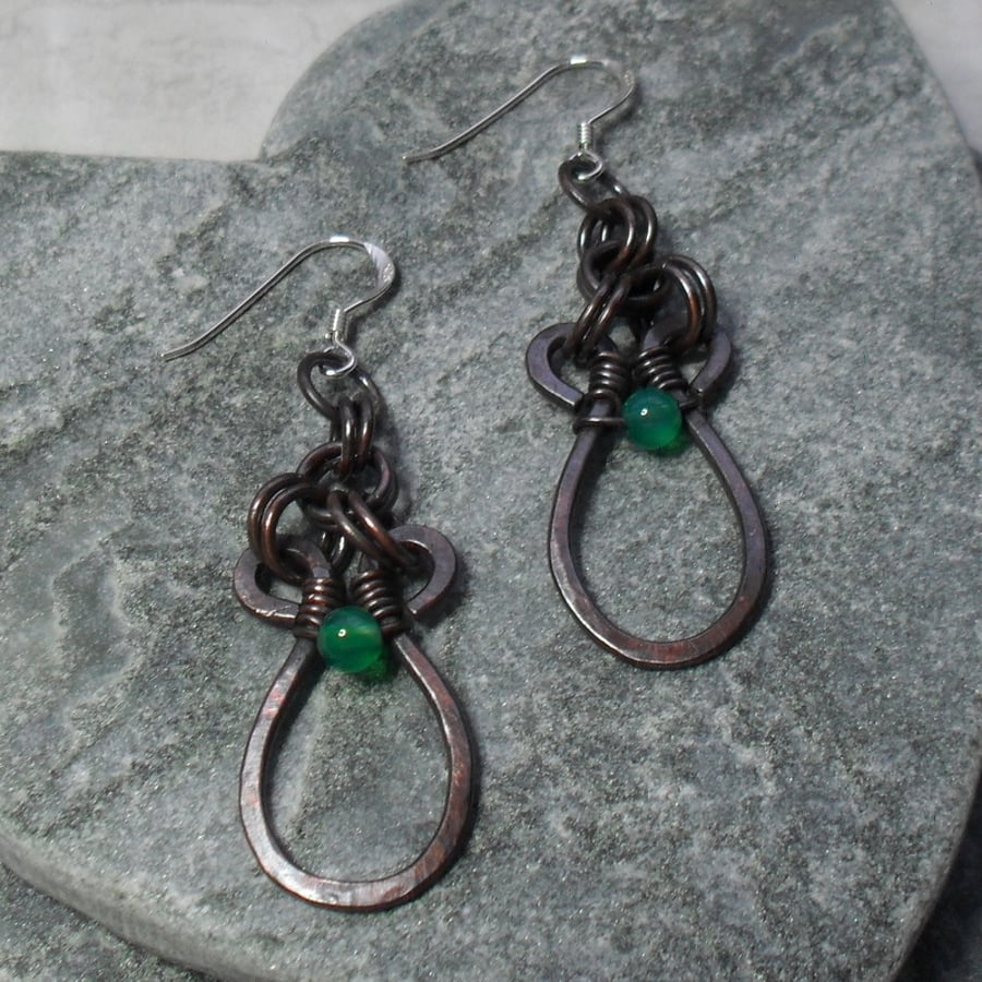 Copper Drop Earrings Vintage Style With Green Agate
