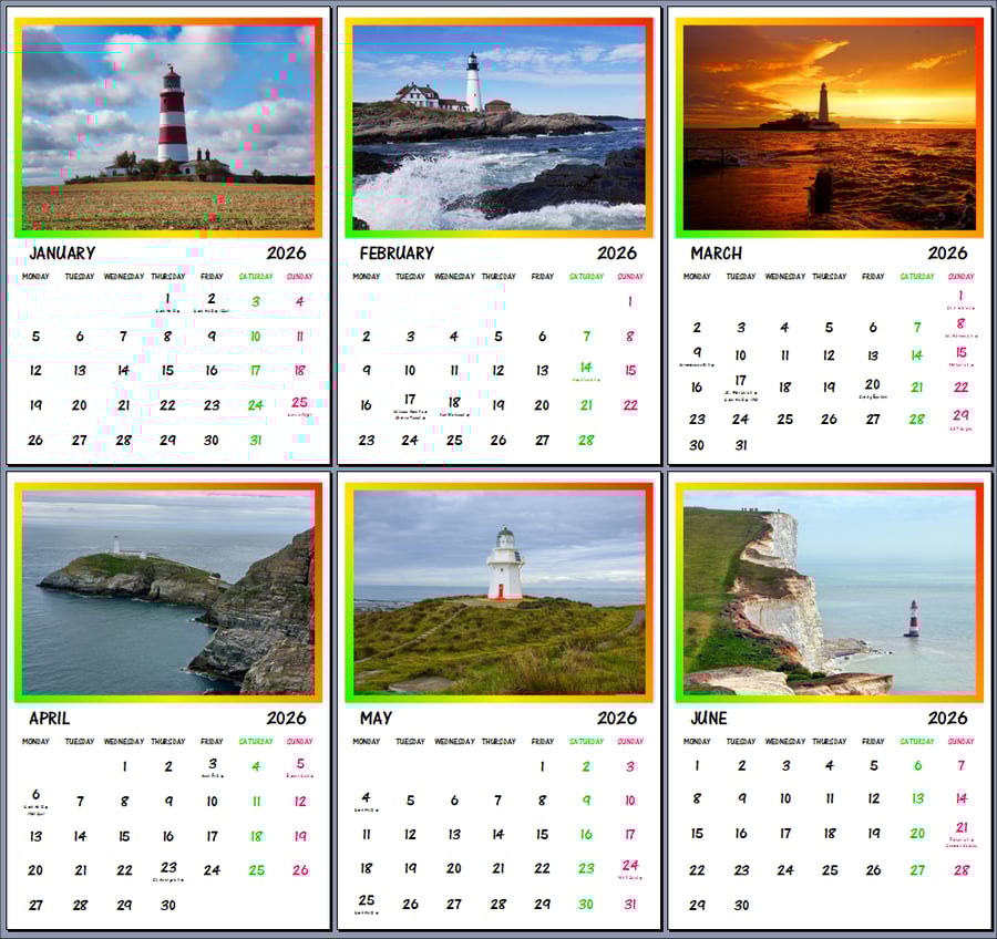 2026 A4 Calendar Lighthouses Wall Hanging Gift Idea