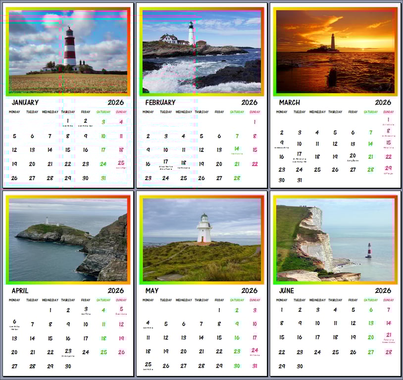 2026 A4 Calendar Lighthouses Wall Hanging Gift Idea