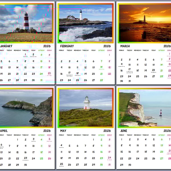 2026 A4 Calendar Lighthouses Wall Hanging Gift Idea