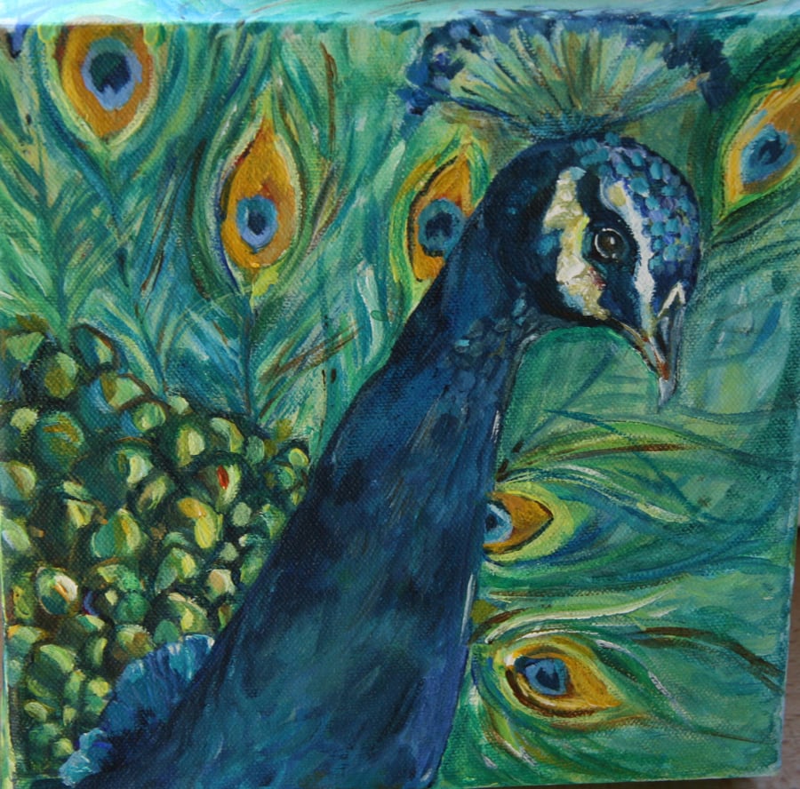 8in x8in block canvas peacock