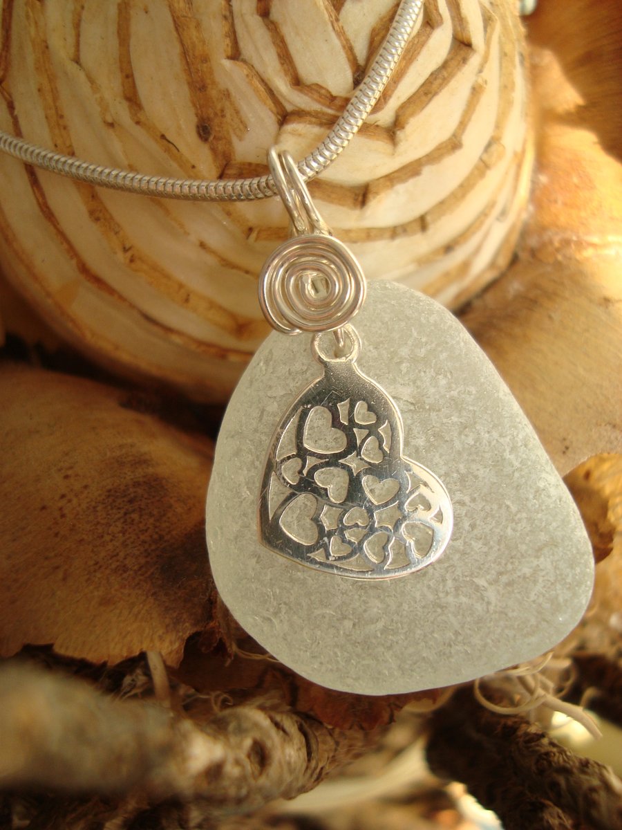 Sea Glass & Sterling Silver Necklace with Filigree Heart 