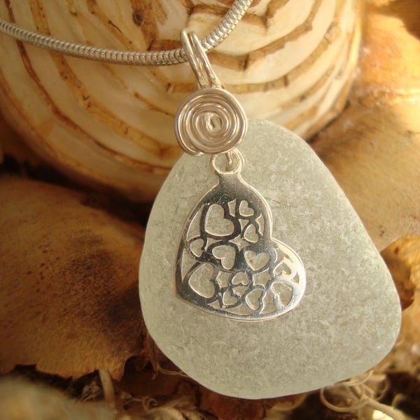 Sea Glass & Sterling Silver Necklace with Filigree Heart 