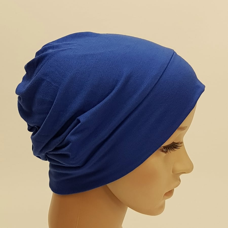 Royal blue cotton jersey beanie, chemo hat for women, alopecia hair loss