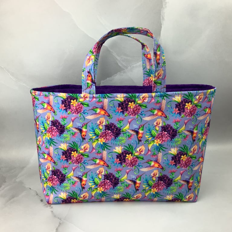 Hummingbirds tote bag, Floral shopper, handmade in Sussex