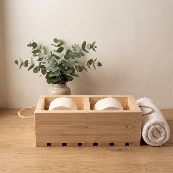 Wooden Loo Roll Holder Crate Rustic Toilet Roll Storage Box with Rope Handles