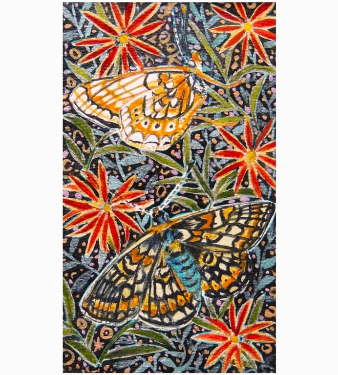 Marsh Fritillary Butterflies Miniature Decorative Botanical Watercolur Painting