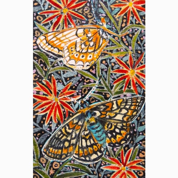 Marsh Fritillary Butterflies Miniature Decorative Botanical Watercolur Painting