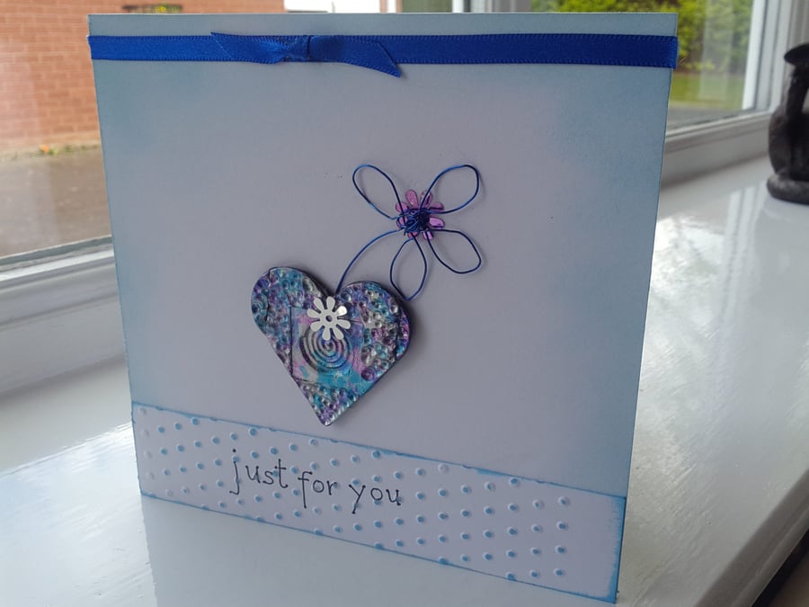 Just For You Blue Heart Spiral and Daisy Card