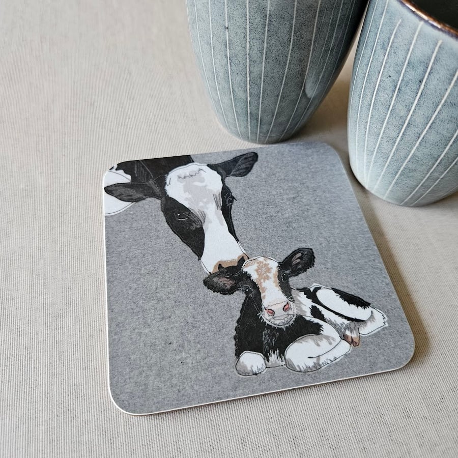Cow & calf coaster, melamine, cork backed