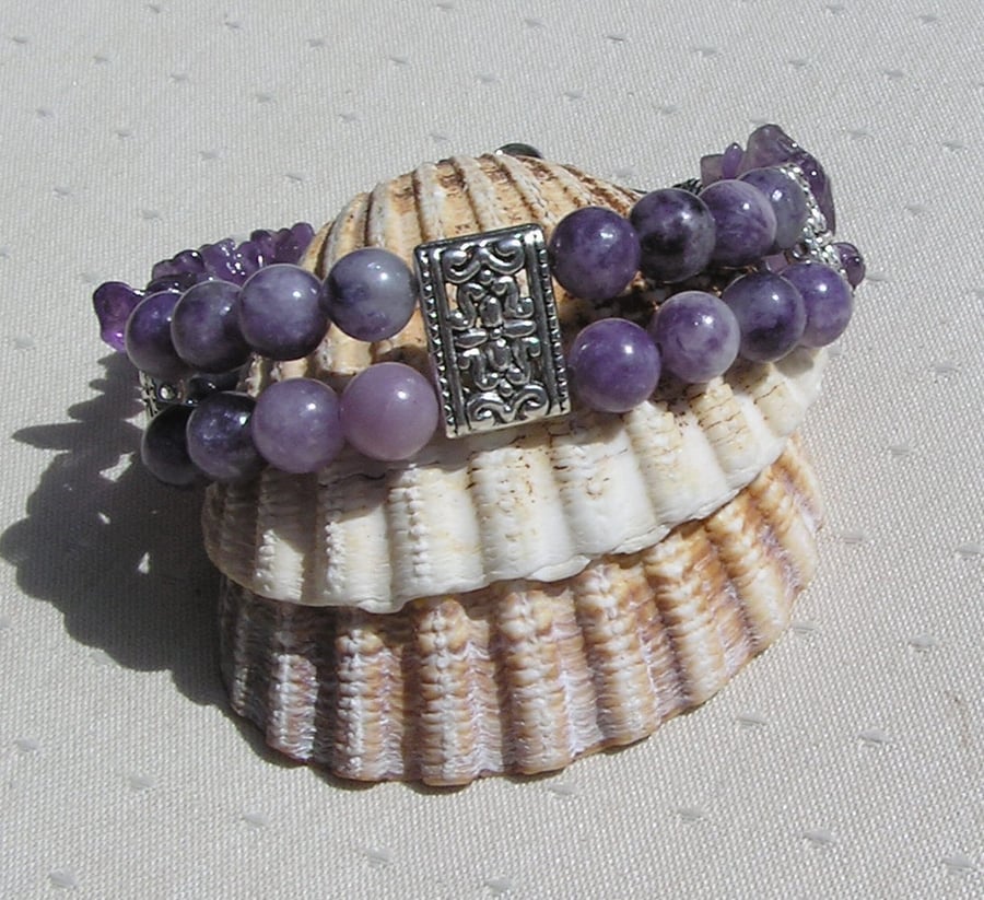 Purple Lepidolite & Amethyst Crystal Gemstone Chakra Bracelet "Purple Miasma"