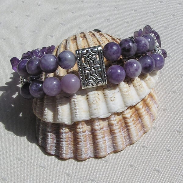 Purple Lepidolite & Amethyst Crystal Gemstone Chakra Bracelet "Purple Miasma"