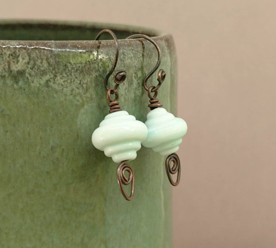 Mint green glass bead and copper earrings
