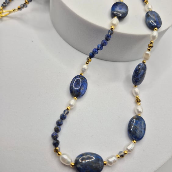 Lapis Lazuli & Pearl Necklace – Gold Plated Sterling Silver – Handmade Gemstone 