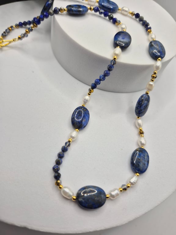 Lapis Lazuli & Pearl Necklace – Gold Plated Sterling Silver – Handmade Gemstone 