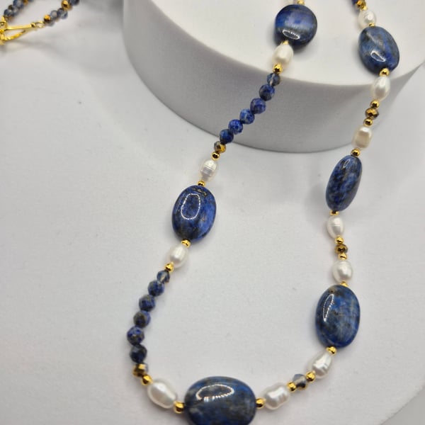 Lapis Lazuli & Pearl Necklace – Gold Plated Sterling Silver – Handmade Gemstone 