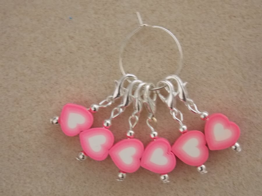 Crochet Stitch Markers Set of 6 Hearts Fimo