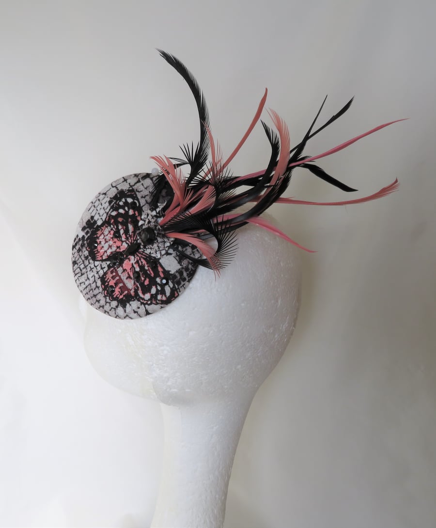 Coral Stone & Black Butterfly Print Cocktail Percher Hat Fascinator Headpiece