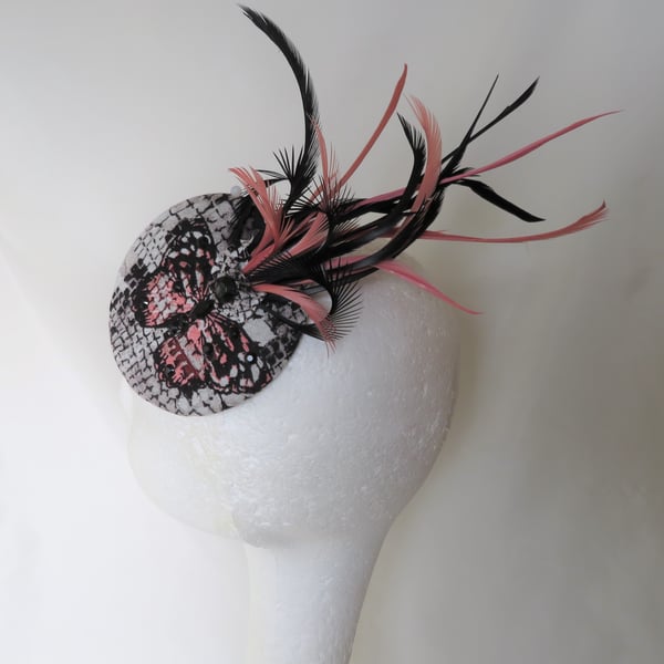Coral Stone & Black Butterfly Print Cocktail Percher Hat Fascinator Headpiece