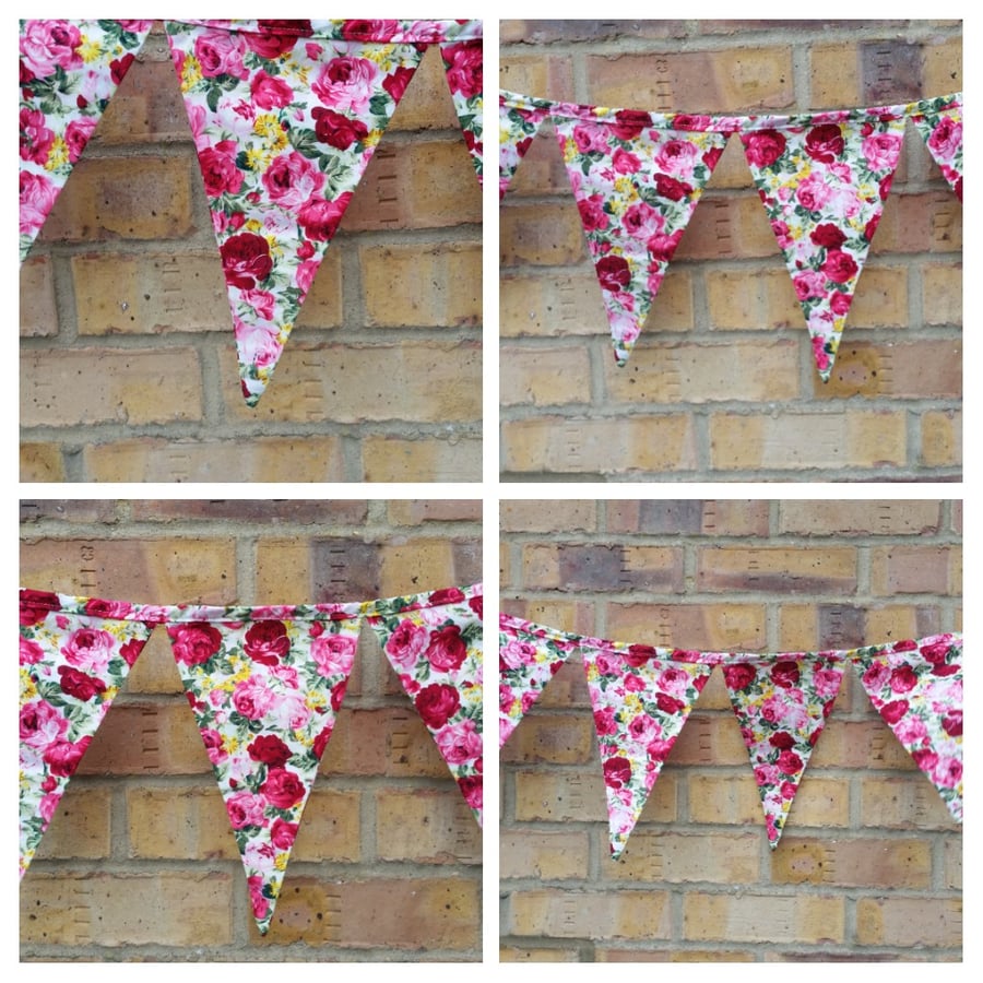 Bunting in pink roses fabric, tea party bunting. Free uk delivery.  